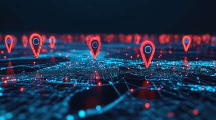 Digital map displaying glowing location markers in a futuristic city landscape