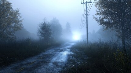 Misty Road at Dawn: A Serene Rural Landscape