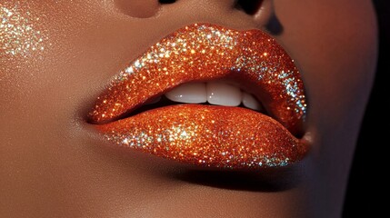 Close-up of glittering orange lips on african female young adult