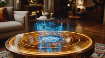 Fototapeta premium Holographic display hovering over a round coffee table.