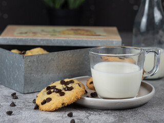 Snack prepared on a table with a box of chocolate cookies and a cup of milk