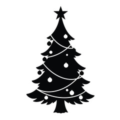 Silhouette Christmas Tree Vector Icon With Baubles And Star Decoration Isolated