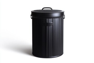 Metal trash can with lid on white background