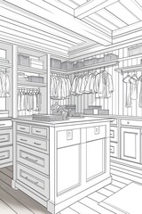 Modern Wardrobe Design: Detailed Interior Illustration and Sketch Rendering of Custom Cabinetry and Closet Storage Solutions