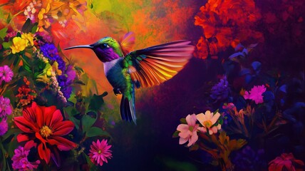 humming bird collecting honey from flowers, colourful art graphics