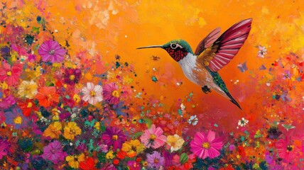 humming bird collecting honey from flowers, colourful art graphics