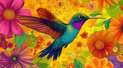 Obraz premium humming bird collecting honey from flowers, colourful art graphics