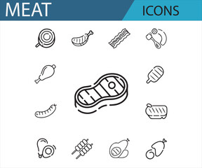 Stylized Meat Icons Including Sausage, Chicken, and Beef for Digital Use