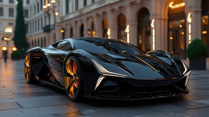 Luxury sports car parked in front of an elite business club surrounded by upscale architecture at twilight