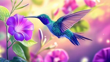 humming bird collecting honey from flowers, colourful art graphics