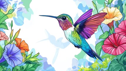 humming bird collecting honey from flowers, colourful art graphics