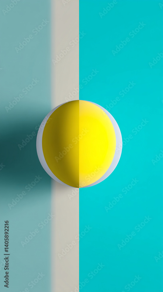 Poster yellow sphere on teal and beige background, divided into two halves by a thin white line, creating a