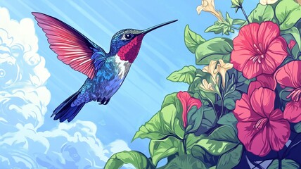 humming bird collecting honey from flowers, colourful art graphics