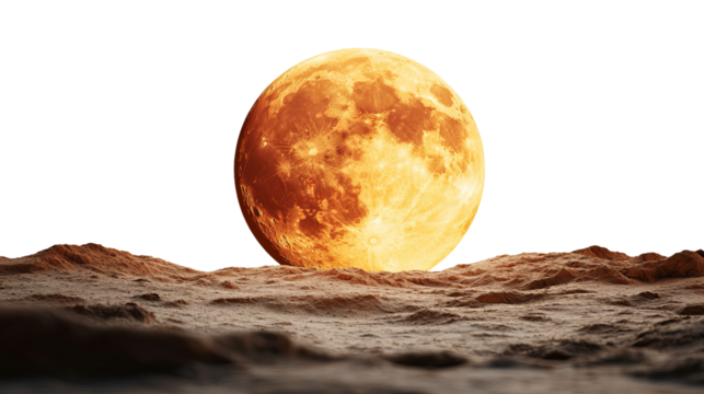 PNG of A stunning view of a bright, golden moon rising over a textured, desolate landscape, creating a striking cosmic scene.