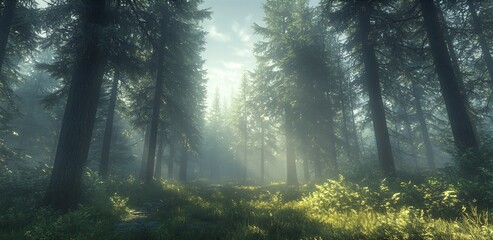 Obraz premium Tranquil evergreen forest soft diffused light filtering through towering firs establishing an inviting calm natural sanctuary