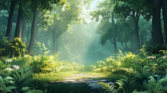 Tranquil forest backdrop layered mixed canopies gentle morning light and soft shadows crafting a serene harmonious natural setting