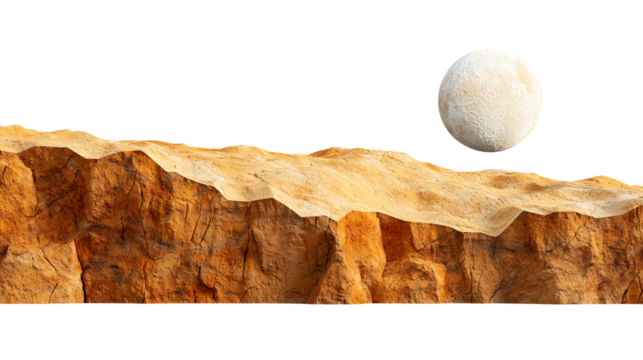 PNG of A surreal landscape featuring a textured, sandy terrain and a glowing celestial body illuminating the scene.