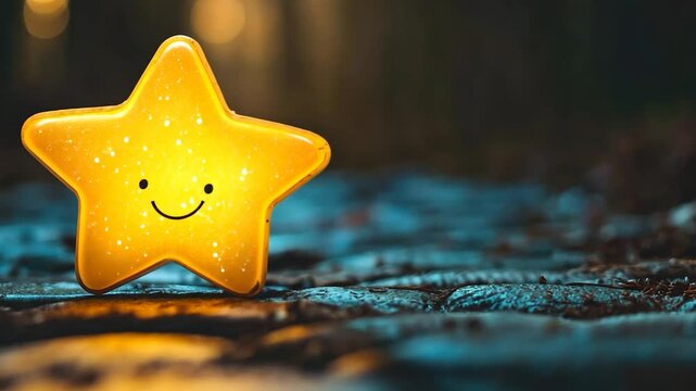Smiling star figurine on cobblestone path at night