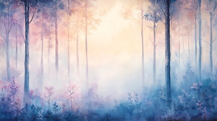 Tranquil early morning forest light fog weaving through slender trunks soft pastel tones merging with dewy foliage for a gentle ambiance