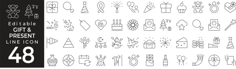 Gift & Present set of web icons in line style. Iconic collection of gift box, ribbon, birthday, celebration, wrapping, surprise, holiday, event, card, and decorations. Editable stroke