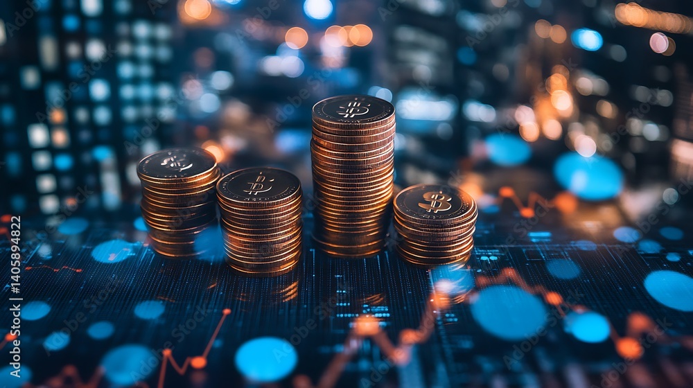 Poster stacks of coins with financial graphs and cityscape, stacks of coins with various currency symbols a