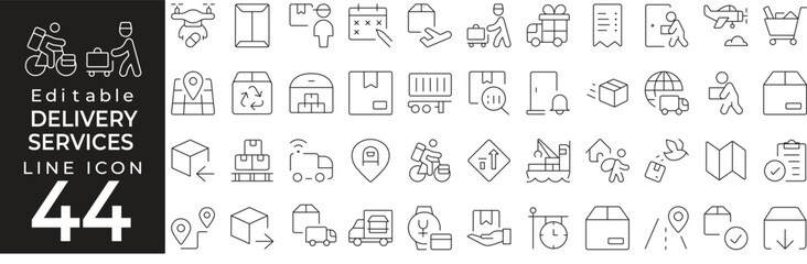 Delivery and logistics icon set in linear style. Includes shipping, courier, warehouse, transportation, packaging, freight, and export elements. Editable stroke.