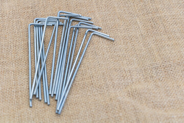 A set of metal nails for garden, plastic, or fabric tent staking, made from steel wire and covered...
