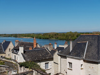 Montsoreau village : the buildings of Montsoreau are built of the traditional white tuffeau stone and have steep grey slate roofs.
Maine et Loire, Pays de la Loire, France