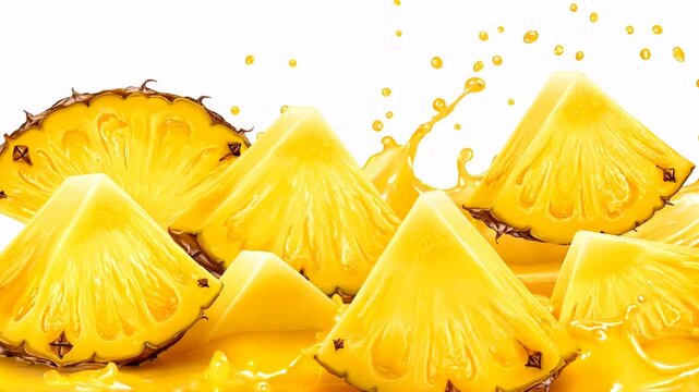 Fresh pineapple slices burst through a splash of vibrant juice