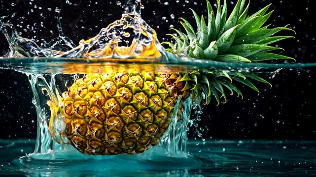 A pineapple splashes into water, creating a burst of droplets