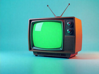 Retro TV set with a green screen on a light blue background, space for design chroma key.  High depth of field, moody atmosphere, vibrant lighting, retro style, professional quality. Include additiona