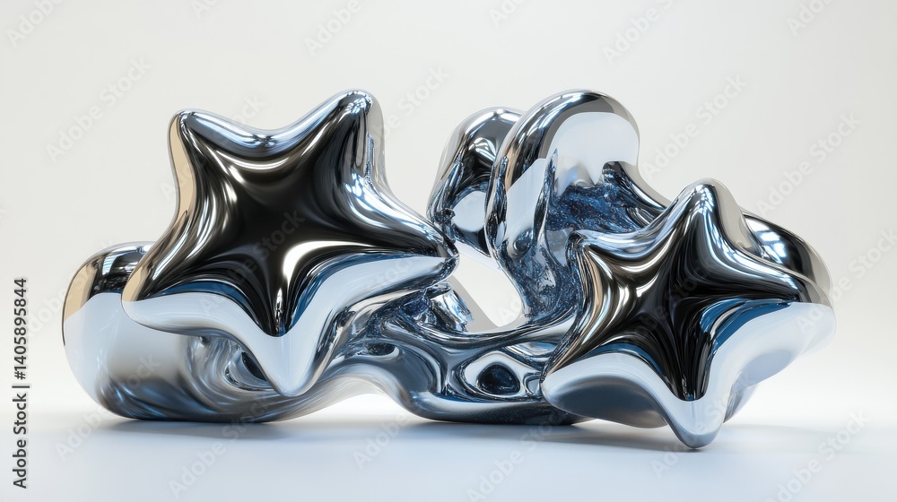 Poster 3d chrome metal brutalism shapes and stars. abstract liquid mercury metallic icon. 3d rendering alum
