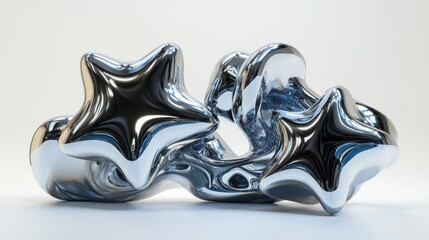 3d chrome metal brutalism shapes and stars. Abstract liquid mercury metallic icon. 3d rendering aluminum gradient shape design element isolated on white background. Brutalist futuristic style illustr