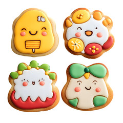 Cartoon character-shaped sugar cookies decorated with edible paint details, isolated on a transparent background.