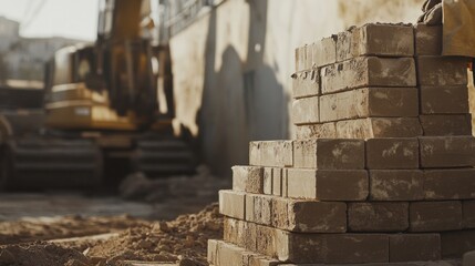 Obraz premium Bricklayer stacking bricks for a wall at a building site. Featuring masonry work and construction craftsmanship