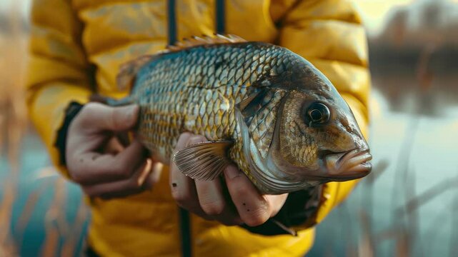 a close-up of a fisherman holding a fish in his hands. Selective focus