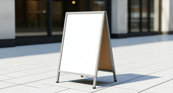 A realistic, detailed mockup of a blank white sandwich board advertising stand on a white sidewalk, with a metal frame.  The stand should be isolated on a white background.  Show a high-quality, profe