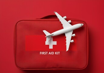Fototapeta premium Flat lay of red first aid kit with white airplane model for travel safety on red surface