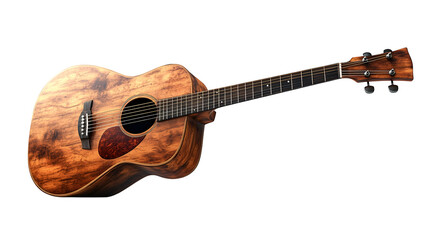 Acoustic guitar with folk-style design, wood finish, realistic, isolated on white background