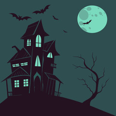 Spooky haunted house silhouette with flying bats and a full moon in vector art style.