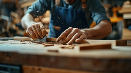 Carpenter assembling a custom wooden desk for a home office. Featuring precision and craftsmanship