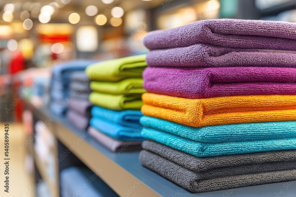 Poster neatly arranged colorful towels are stacked on a shelf, displaying various vibrant colors and a soft