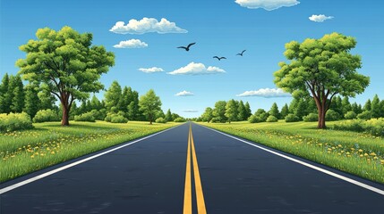 Country road stretches through verdant landscape