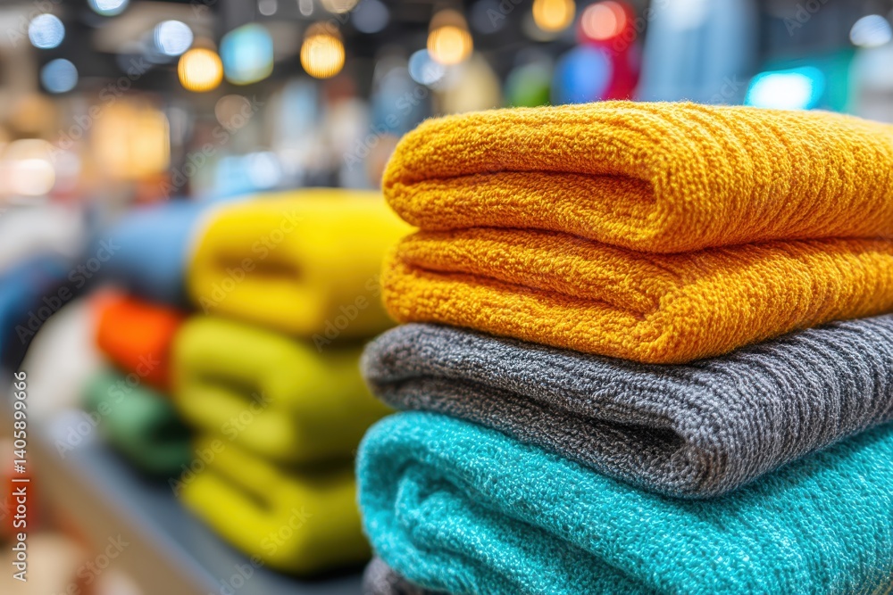 Poster close-up view of a stack of colorful folded knitted sweaters on a store shelf, showcasing the textur