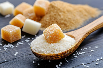 Natural sweeteners and sugar varieties displayed in wooden spoon on a dark textured surface 
