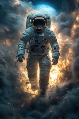 Astronaut in space suit walking through clouds with bright light behind.