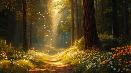 Obraz premium Sun dappled hardwood forest textured tree bark and scattered wildflowers along a winding path exuding warmth and natural charm in every detail