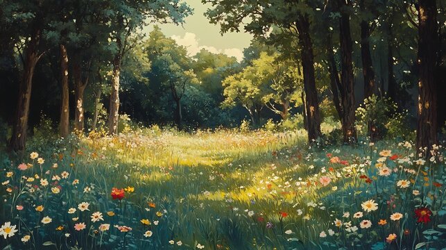 Subtle serene woodland view featuring assortment of delicate wildflowers light dappled trees and a rich palette of natural greens for a tranquil vibe