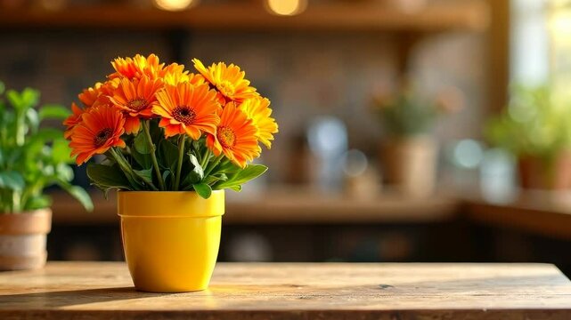 Orange gerbera daisies in a yellow pot placed on a rustic wooden table, natural photographic style, blurred indoor kitchen background, concept of home decor and floral freshness