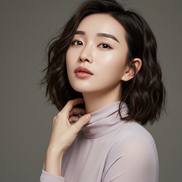 동양 아시아 한국 일본 중국 20대 여자 여성 뷰티 모델 실내 광고 화보 잡지 보라색 폴라 단발머리 웨이브 파마 예쁜 아름다운 청순한 미인 미녀